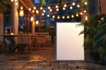 Sticker - 3D rendering of a white blank vertical frame mockup placed on an outdoor night street with lights, against a tropical restaurant background. 