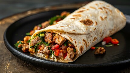 Wall Mural - A close-up image of a halved burrito, revealing its layered fillings, served on a black plate against a rustic backdrop