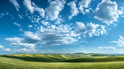 Wall Mural - A panoramic view of a bright, clear sky with scattered clouds casting soft shadows over rolling hills