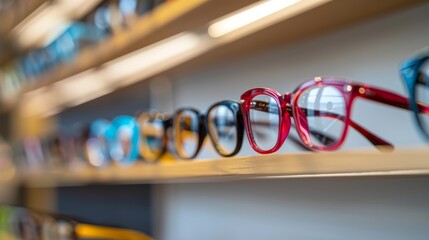 A row of stylish eyeglass frames is neatly arranged on a wooden shelf inside a retail store. The frames are of various colors and styles