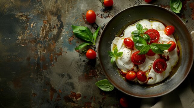 A close-up image of a delicious burrata cheese dish garnished with cherry tomatoes and fresh basil leaves, drizzled with olive oil and balsamic vinegar. The dish sits on a rustic background