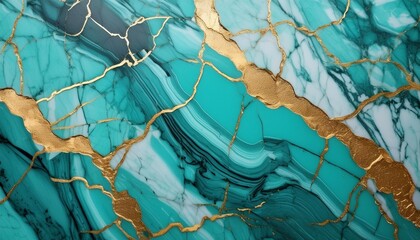 generative ai illustration of turquoise marble texture background with cracked gold details