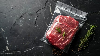 Wall Mural - A close-up shot of a fresh Black Angus steak, vacuum-sealed in a clear plastic bag, ready for sous vide cooking. The steak is placed on a black marble surface