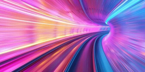 Poster - The image showcases a neonlit futuristic tunnel with colorful speed trails, conveying highspeed motion and vibrant aesthetics. It gives a dynamic feel of technology and innovation