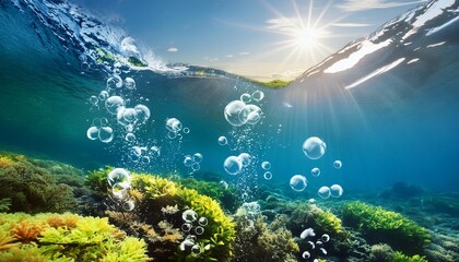 Wall Mural - an underwater scene with a vibrant array of air bubbles rising towards the surface wallpaper background landscape