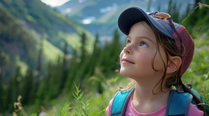 Sticker - A happy little girl with a backpack is standing in a grassland field, smiling with her hair blowing in the wind. She enjoys the natural landscape and leisure of the mountains AIG50