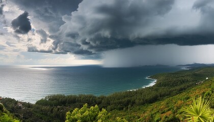 Wall Mural - beautiful moody storm skies over ocean landscape with distant heavy rainfall
