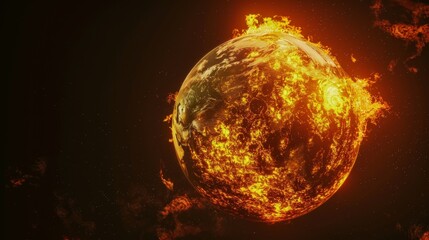 Wall Mural - Planet Earth engulfed in flames against black backdrop