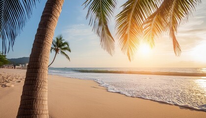 Wall Mural - sunny exotic beach by the ocean with palm trees at sunset summer vacation by the sea photography