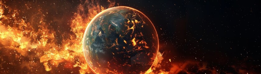 Canvas Print - planet earth engulfed in flames against black backdrop