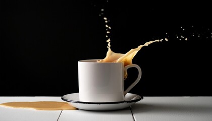 Wall Mural - creamed coffee spilling from a white restauraunt style mug on a white table against a black background
