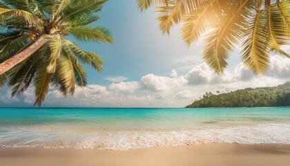 Wall Mural - tropical island sea beach beautiful paradise nature panorama landscape coconut palm tree green leaves turquoise ocean water blue sky sun white cloud yellow sand summer holidays vacation travel