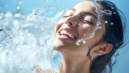 Portrait of a beautiful young woman smiling, with her face under splash of water, on light blue background