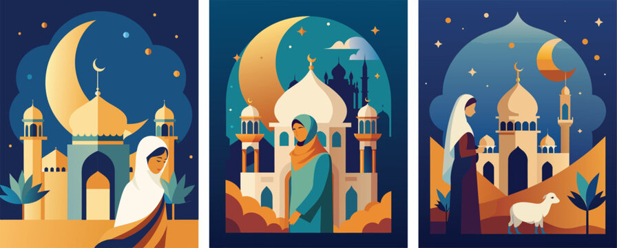 Eid al-Adha Eid Mubarak. Vector modern illustration of mosque, lamb, ornament, muslim woman in hijab, abstract pattern, crescent for greeting card, Islamic background.