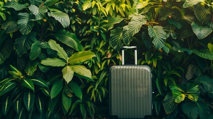 A luggage suitcase stands against green exotic tropical plants wall. Travel and tropical vacation concept.