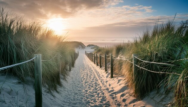 a sunrise at the beach with tall sand dunes and a path in the style of light pink and light gray