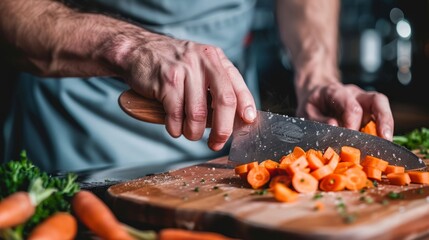 Wall Mural - A closeup of a chefs hands chopping carrots with a sharp chefs knife on a wooden cutting board