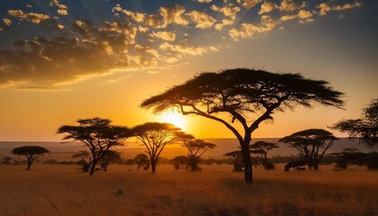 Wall Mural - sunset in savannah of africa with acacia trees safari in serengeti of tanzania