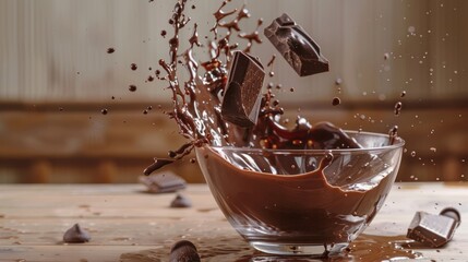chocolate splashing out of a glass bowl. copy space