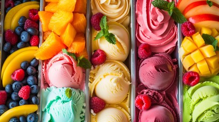 Wall Mural - Vibrant display of fruit gelato flavors, arrayed in a visually appealing presentation.