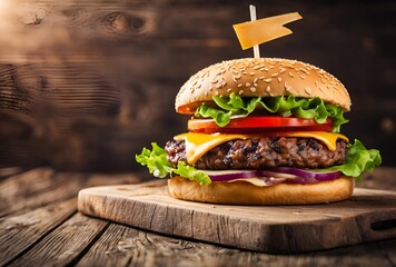 Sticker - Tasty burger on wooden table with professional Background.