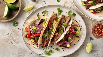 Canvas Print - Three soft tacos filled with seasoned beef, red onion, avocado, red pepper, and cilantro, served on a white plate with lime wedges