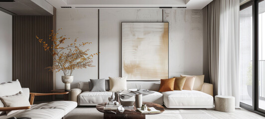 Aufkleber - minimal interior living room with artwork framed