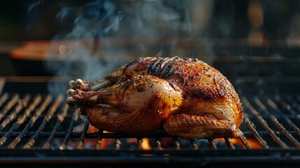 Canvas Print - A close-up view of a whole chicken grilling on a charcoal grill. The chicken skin is crispy and brown, and the meat appears juicy. Smoke billows from the grill, adding to the appetizing scene