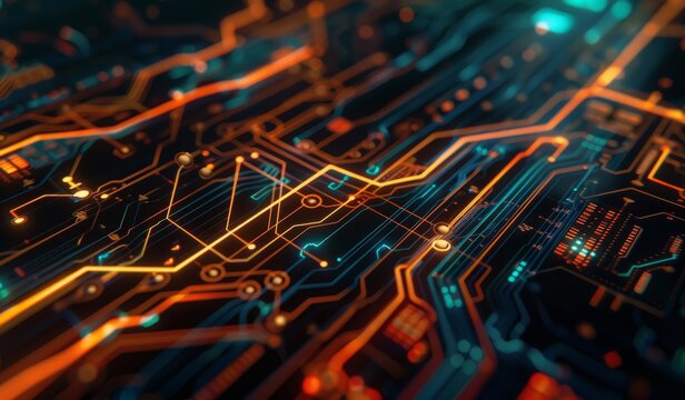 A futuristic circuit board with glowing lines and data flowing through it, representing the advanced technology of AI systems.