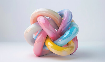 Poster - the colorful swirling cord, 3d rendered on blue background, rounded forms, sculptural installation, pastel academia, unconventional poses, intertwined networks, bold color blobs