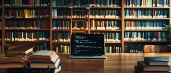 An open laptop with coding scripts on the screen sits on a library table surrounded by books, signifying the blend of technology and traditional study.