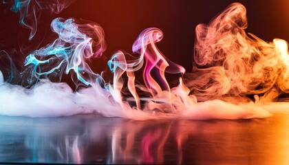 Wall Mural - clouds of colorful smoke in blue and purple neon light swirling on black table background with reflection