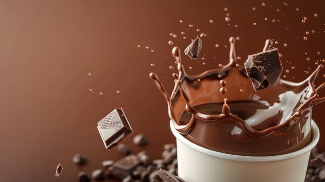 cup of chocolate creamy milk with splash effect isolated. copy space