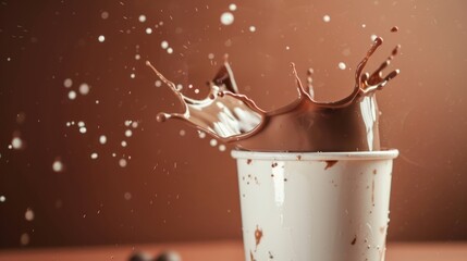 Wall Mural - cup of chocolate creamy milk with splash effect isolated. copy space