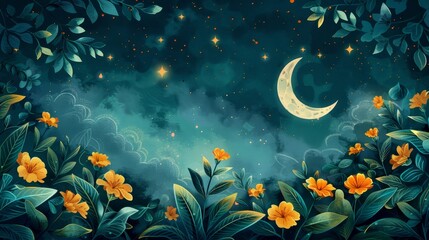 Wall Mural - Moonlit garden with yellow flowers and green leaves under a starlit sky creating a serene and enchanting night scene