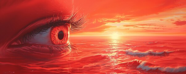Eye floating in a surreal red ocean at sunset, artistic concept