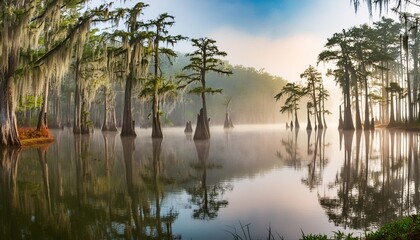 Wall Mural - misty morning swamp bayou scene of the american south featuring bald cypress trees and spanish moss in caddo lake texas
