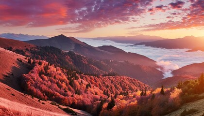 Wall Mural - autumn sunrise cloudy sky over mountains abstract colorful peaceful sky background