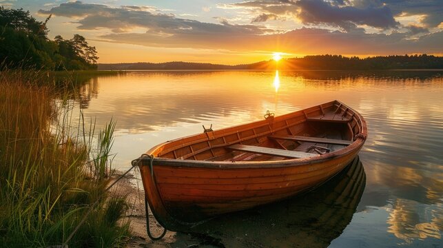 Wooden boat by the shore during sunrise