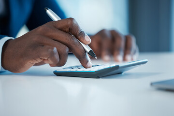 Poster - Corporate, black man and hand with calculator on desk for planning budget and company audit for tax bills. African guy, accountant and counting machine in business office for financial management