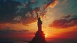 © nikola-master - A dramatic poster featuring the silhouette of the Statue of Liberty against a sunset sky.