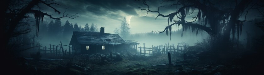 Wall Mural - A dark, stormy night with a house in the woods. The house is old and abandoned, and the trees are bare and twisted. Scene is eerie and unsettling, as if something is lurking in the shadows