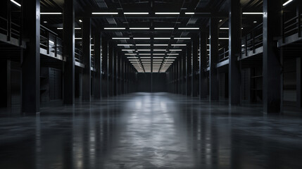 Poster - Big black empty clean warehouse. Background image. Created with Generative AI technology.