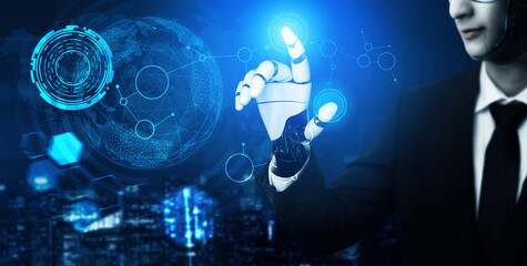 Poster - MLP 3D Rendering futuristic robot technology development, artificial intelligence AI, and machine learning concept. Global robotic bionic science research for future of human life.