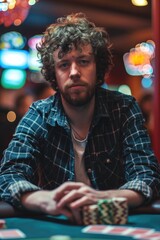 Poster - A man sits at a poker table with cards, ready to play