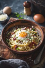 Poster - A simple meal of pasta served in a bowl with a single egg on top