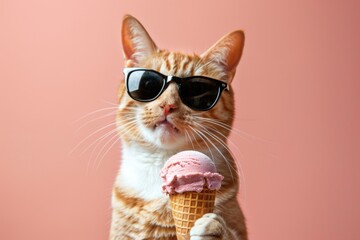Aufkleber - A feline friend savors a cool treat on a warm day, great for use in advertisements or social media posts about summer fun
