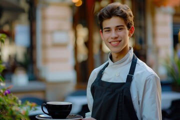 Aufkleber - A young man holding a coffee cup and saucer, perfect for everyday life or office scenes