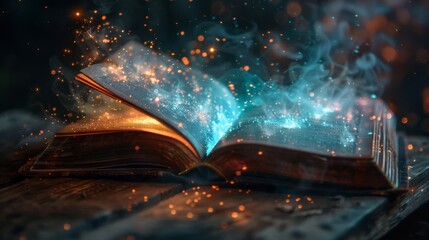 A book is open to a page with a lot of sparks and smoke