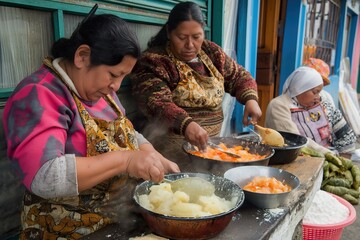 Two women prepare a traditional Mexican breakfast dish, guajolota, using a large pot and a spatula.